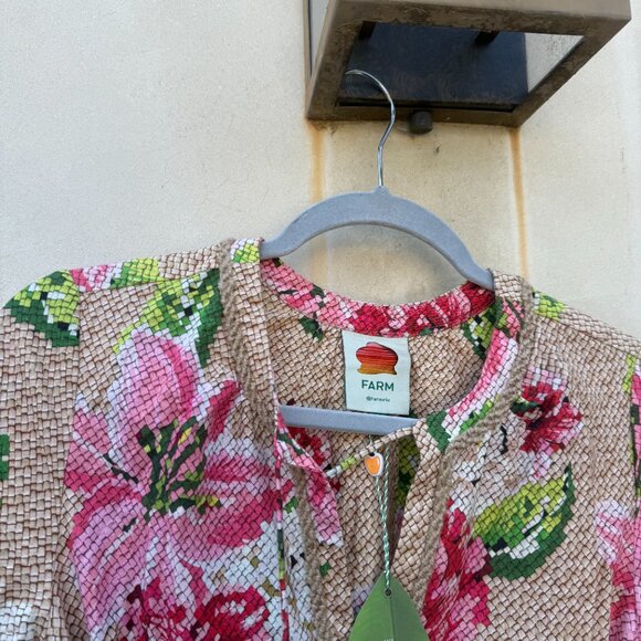 NWT Farm Rio Linen Midi Dress Woven Beige Floral Neck Tie Jute Accent Ruffles - Picture 7 of 9